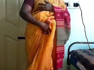 desi  indian horny tamil telugu kannada malayalam hindi cheating wife vanitha wearing orange colour saree  showcasing hefty boobs and shaved pussy press hard boobs press nip rubbing pussy masturbation
