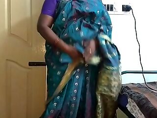 desi indian tamil telugu kannada malayalam hindi horny hotwife wife vanitha wearing blue colour saree showing big titties and clean-shaved gash press firm titties press nipple rubbing gash masturbation